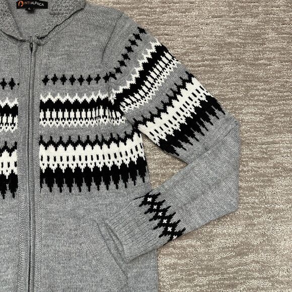 Inti Alpaca Sweater Women Large Gray Fair Isle Cardigan Pockets Alpaca Wool Peru - Picture 5 of 12